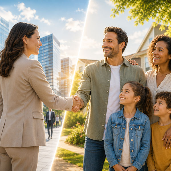À propos - Une famille avec un courtier et le père serre la main de l'assureur.