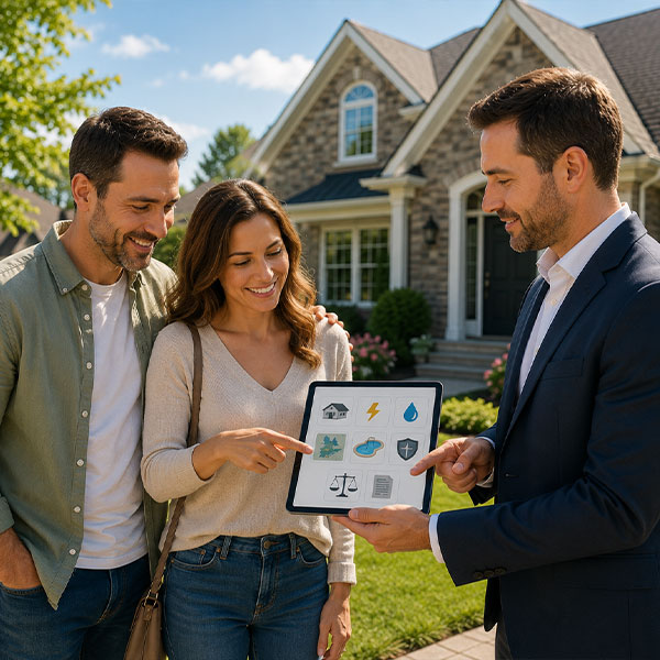 Assurance habitation - Un couple devant leur maison avec leur courtier d'assurance.