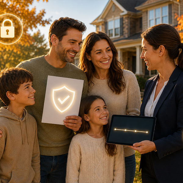 Assurance hypothécaire - Une famille devant leur maison avec des signe de bouclier pour représenter leur protection.