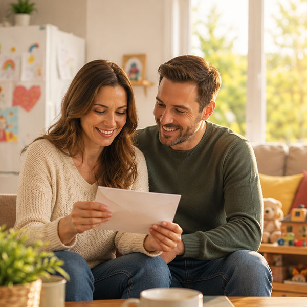 Assurance vie - Un couple dans leur salon qui regarde un papier d'assurance