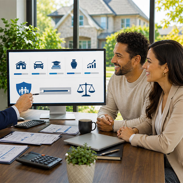 Assurance vie - Deux personne dans un bureau avec leur courtier pour parler d'assurance.
