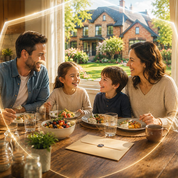 Assurance vie - Un famille assis à la table entrain d'avoir du plaisir avec un bouclier qui les protèges.